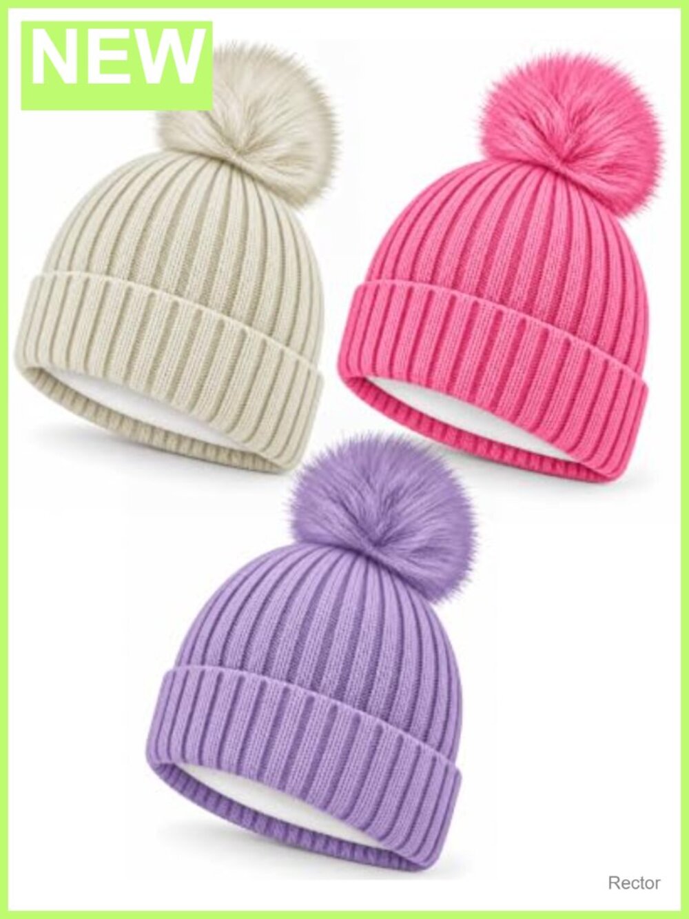 Kids Winter Pom Pom Beanie Hat Acrylic Knit Cuffed 3 Pack